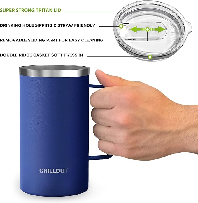 CHILLOUT LIFE Stainless Steel 20 oz Vacuum Insulated Coffee Mug with Handle and Lid, Large Thermal Camping Coffee Mug Cup with Durable Sliding Lid for Men & Women, Keeps your Beverages Hot/Cold