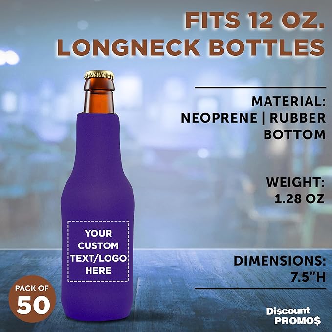 50 Neoprene Zippered Beer Bottle Coolies Pack - Customizable Text, Logo - Sharkskin Rubber Bottom - Purple