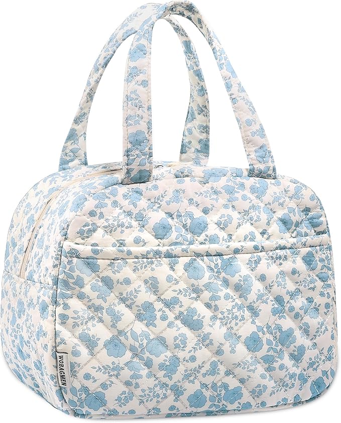 Quilted Lunch Box for Women,Insulated Cute Reusable Lunch Bag with Front Pocket,Pink Flower Stylish Lunch Tote Bag for Work, Office,Picnic, Travel,School (blue floral)