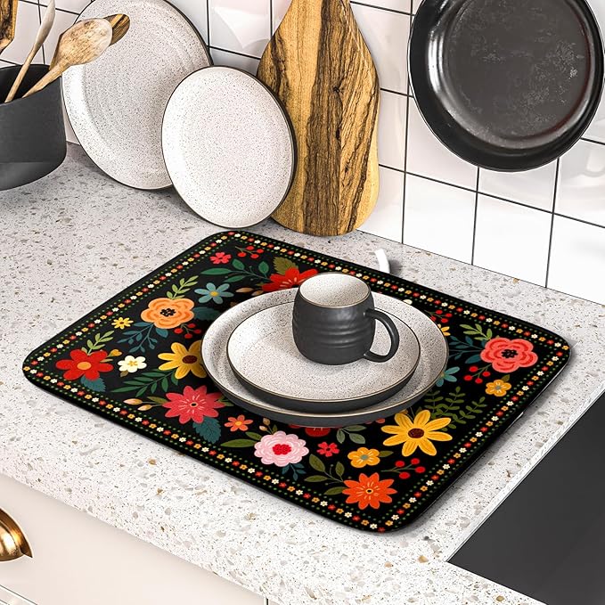 Boho Floral Dish Drying Mat 16x18 Inch Colorful Flower Dishes Dry Mats Absorbent Washable Drainer Rack Pad Protective Kitchen Counter Decor