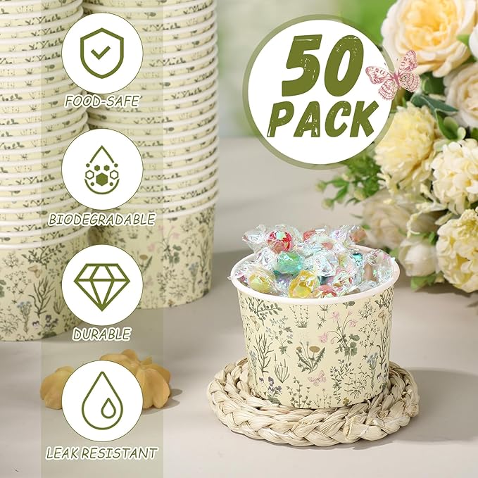 50 Pack Wildflower Treat Snack Cups Paper Floral Ice Cream Cups 9 oz Fall Flowers Disposable Dessert Bowls Paper Soup Bowls for Hot or Cold Food Wedding Baby Shower Birthday Party Supplies