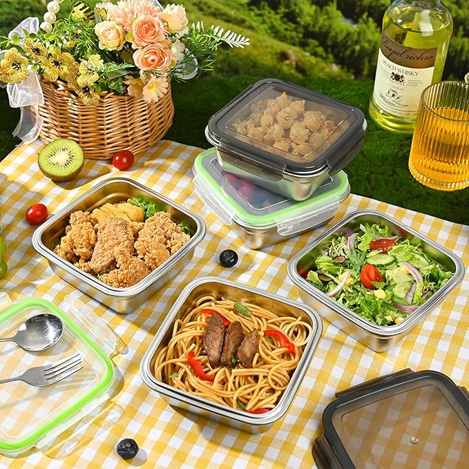 3 Pack Sandwich Containers, 24oz Stainless Steel Sandwich Box with Airtight Lids, Reusable Metal Meal Prep Lunch Boxes, BPA-Free, Dishwasher Safe, Food Storage Containers for Families (Green)