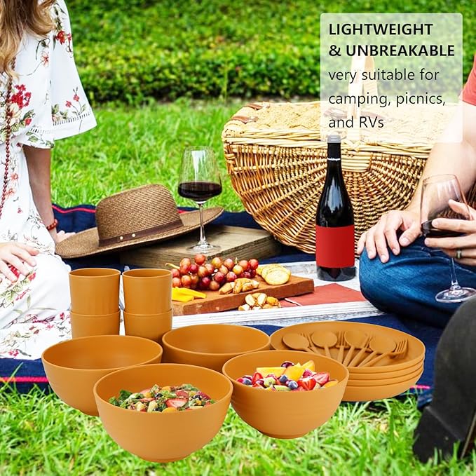 28-Piece Wheat Straw Dinnerware Sets, Microwave & Dishwasher Safe Unbreakable Dinnerware Set, Reusable Dishware Sets, Lightweight Camping Dishes, Plates, Cups, Cereal Bowls for 4(Yellow Orange)