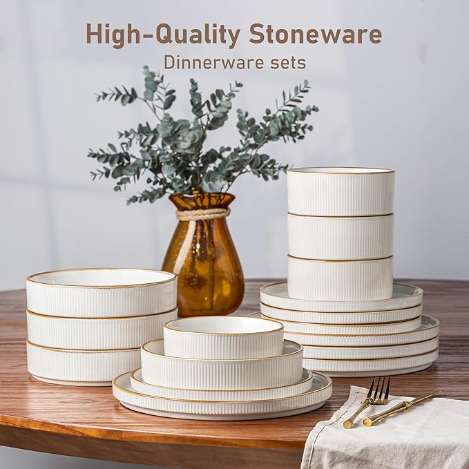 GBHOME Stoneware Dinnerware Sets for 4,Round Reactive Glaze Ceramic Plates and Bowls Set,Highly Scratch Resistant | Dishwasher & Microwave Safe Dishes Set,Service for 4(12Pcs)