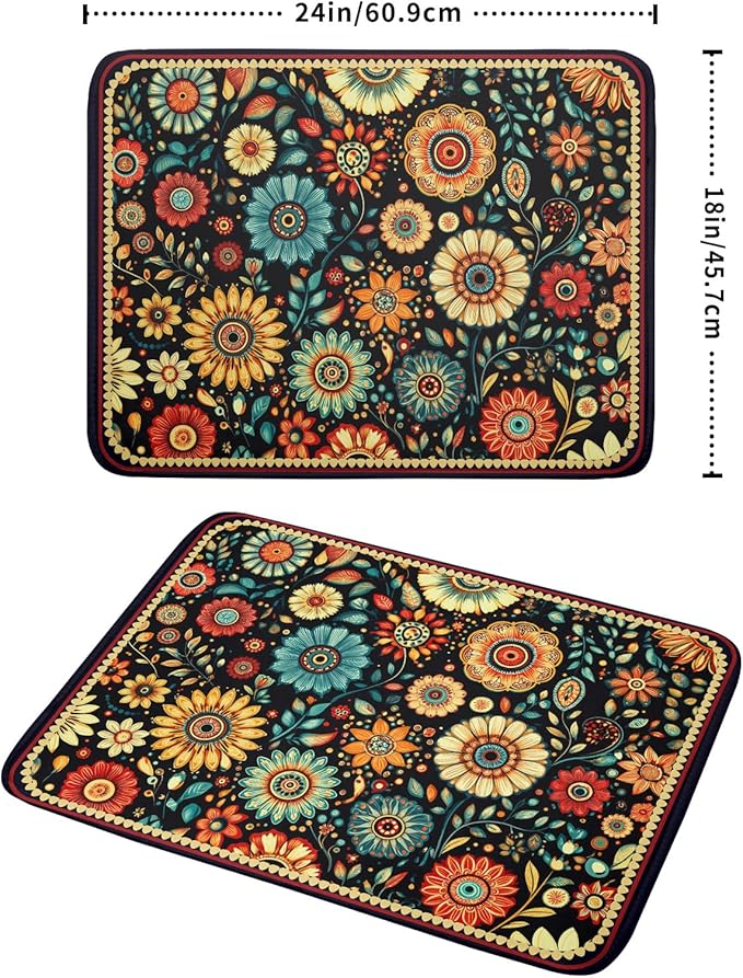 Boho Floral Dish Drying Mat for Kitchen Counter Absorbent Microfiber Flowers Drying Pad 18 X 24 In