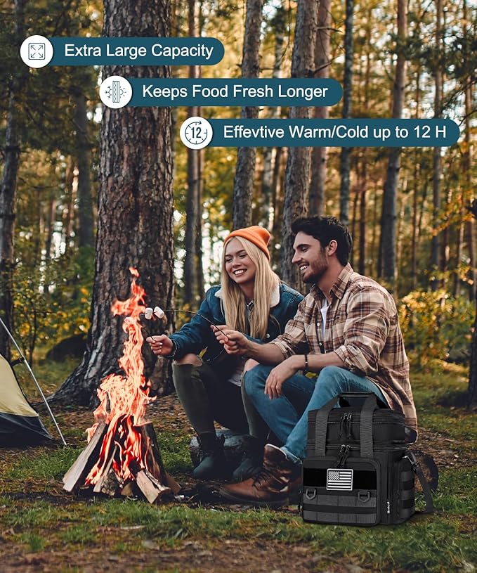 Tactical Lunch Box for Men, Expandable Large Insulated Lunch Bag for Adult, Heavy Duty Double Deck Lunch Cooler Bag with Shoulder Strap, Leakproof Soft Lunch Pail with American Flag - Black