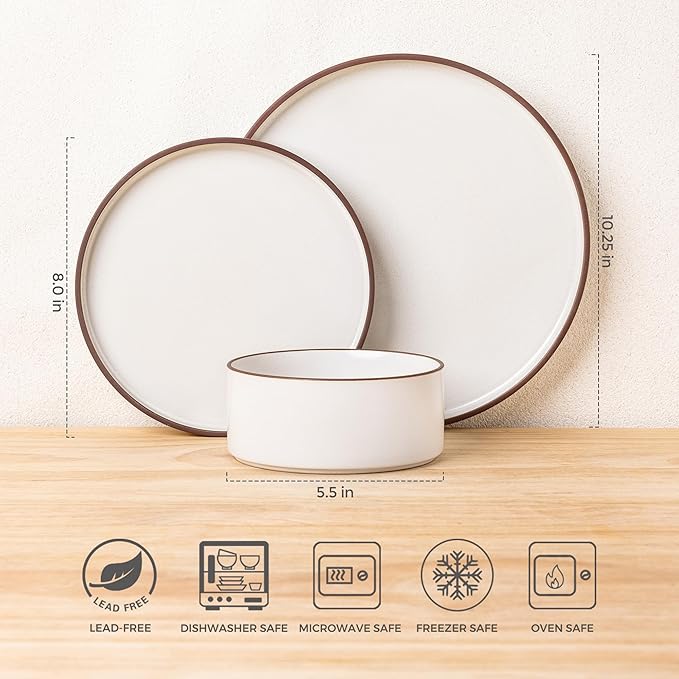 LERATIO Ceramic Dinnerware Sets for 6, High Edge Stoneware Plates and Bowls Set, Chip and Crack Resistant | Oven & Dishwasher & Microwave Safe Dishes Set, Service for 6 -Vanilla White