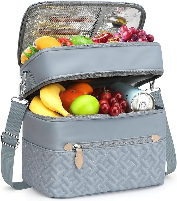 Capolo Lunch Box for Women Men Adults,Double Deck Insulated Lunch Bag Leakproof Lunch Cooler Box with Removable Strap Lunch Tote Bags Reusable Thermal Lunchbox for School Work Picnic(Large,Blue)