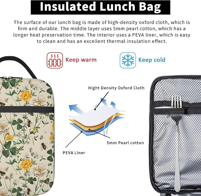 Cheerful Blossoms and Bees Lunch Box for Women Men, Insulated Lunch Box, Reusable Lunch Bag for Office, Work, Picnic, Travel