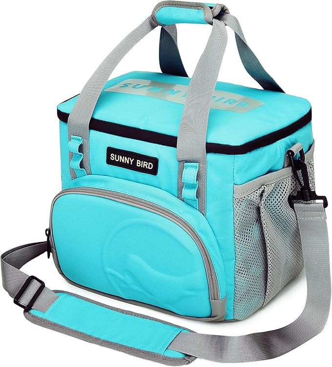 SUNNY BIRD 12L Large Insulated Lunch Bag, Leakproof and Foldable Lunch Cooler Box for Women Adult and Men, Fits 18 Cans (Aqua Blue 01)