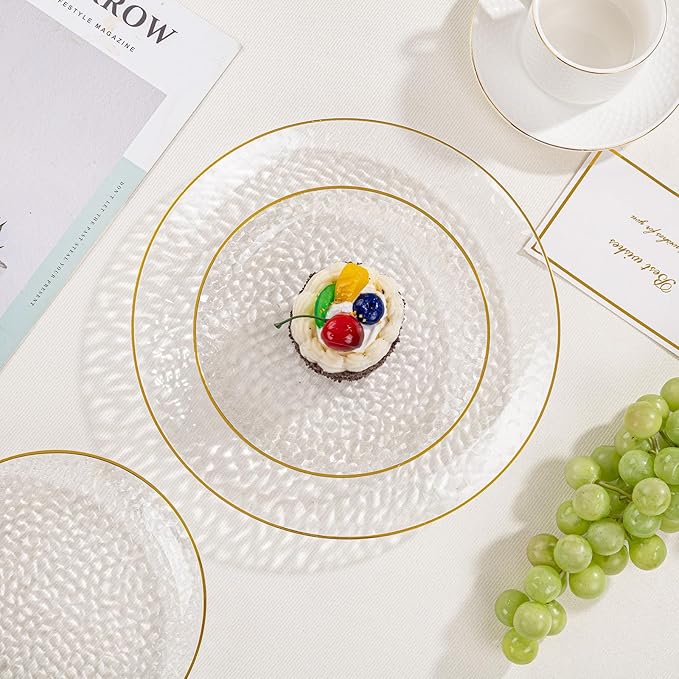 SUT 100Pcs Clear Plastic Plates, Hammered Plates Disposable Heavy Duty, Clear Disposable Plates With Gold Rim, Fancy Plastic plates Include 50 Dinner and 50 Dessert plates for Wedding