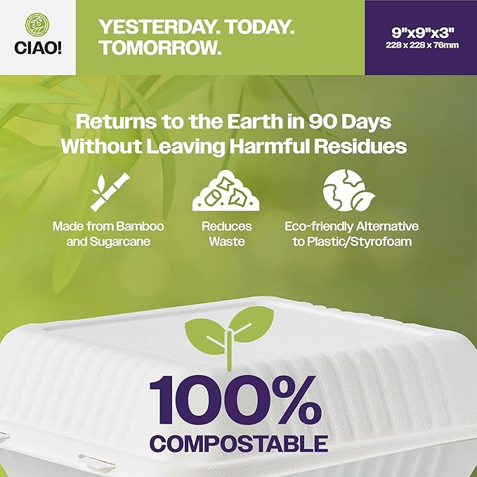 CIAO! 9"x9"x3" Clamshell 1 Compartment 100% Compostable Ecofriendly PFAS Free Unbleached Bagasse Natural White (200/case)