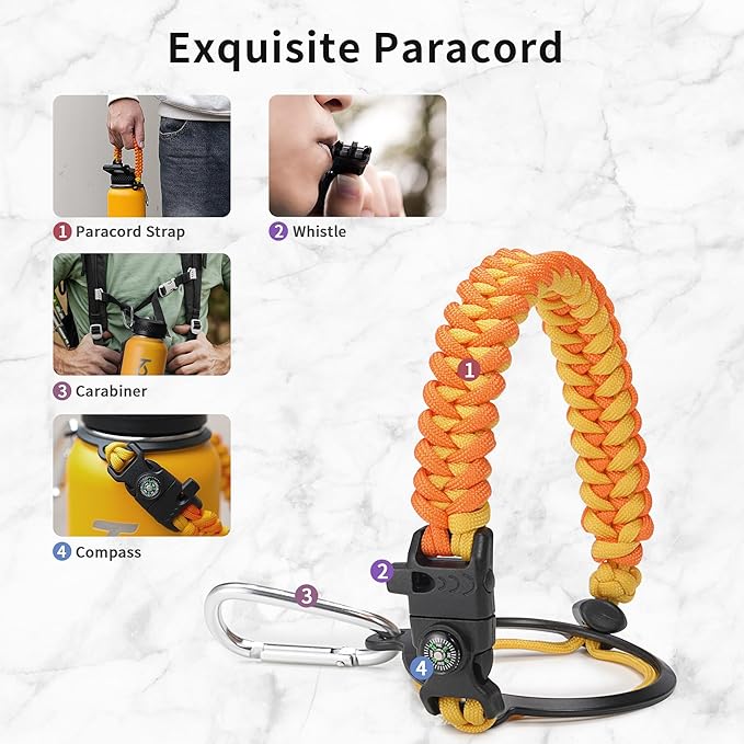 Trebo 32oz Water Bottle Insulated with Lid and Straw,Double Wall Vacuum Stainless Steel Metal Tumbler Sports Flask with Paracord Handle, Keep Hot 24 Hours & Cold 48 Hours Water Cup with 3 Lids, Orange