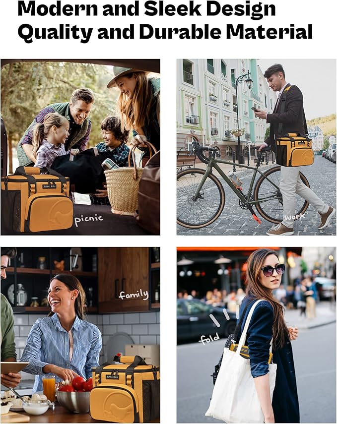 SUNNY BIRD 12L Large Insulated Lunch Bag, Leakproof and Foldable Lunch Cooler Box for Women Adult and Men, Fits 18 Cans (Ochre 01)