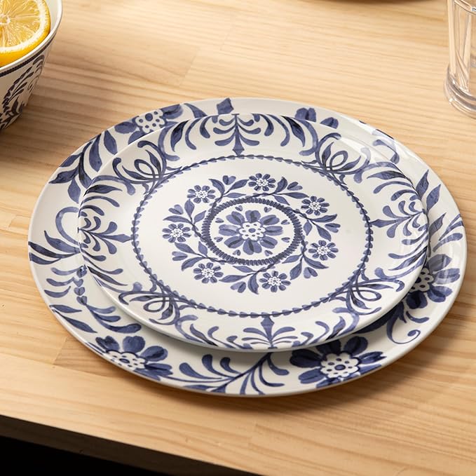 Bzyoo 12-Piece Melamine Dinnerware Set - Indigo Floral | Lightweight, Durable, BPA-Free | Dishwasher Safe Dish Set for Indoor & Outdoor Use - Perfect for Camping, BBQs, Kids Parties