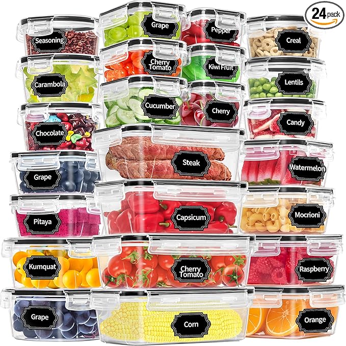 PRAKI 48 Pack Food Storage Containers with Airtight Lids (24 Containers & 24 Lids), Kitchen storage containers for Pantry Organizers and Storage, Meal Prep Container with Labels & Marker