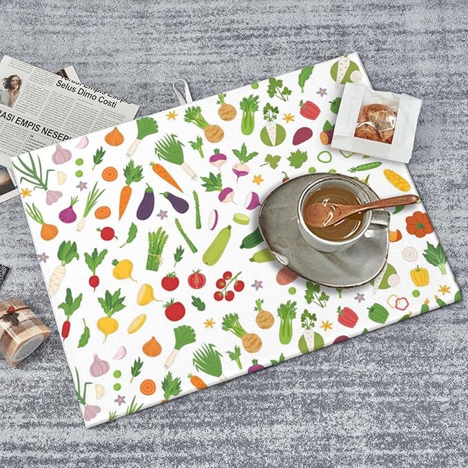 Vegetable Theme Kitchen Dish Drying Mat for Counter, Dish Draining Mat Microfiber Absorbent Reusable Washable Extra Large 18"x24" (vegetable, 18"x24")