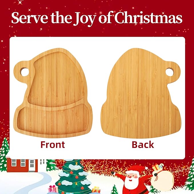 TJ POP Christmas Bamboo Serving Tray – Santa Hat Shape – Festive Wooden Snack Platter for Holiday Cookies & Treats – Christmas Kitchen & Party Decor