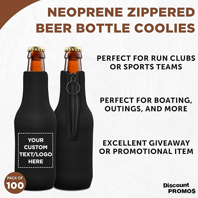 100 Neoprene Zippered Beer Bottle Coolies Pack - Customizable Text, Logo - Sharkskin Rubber Bottom - Black