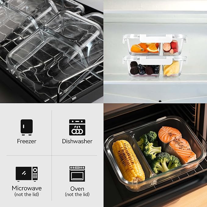 BAYZZ 5 Pack 35 Oz Glass Meal Prep Containers 2 Compartments, Glass Storage Containers with Lids, Airtight Lunch Bento Boxes, BPA-Free, Microwave and Freezer Safe,White