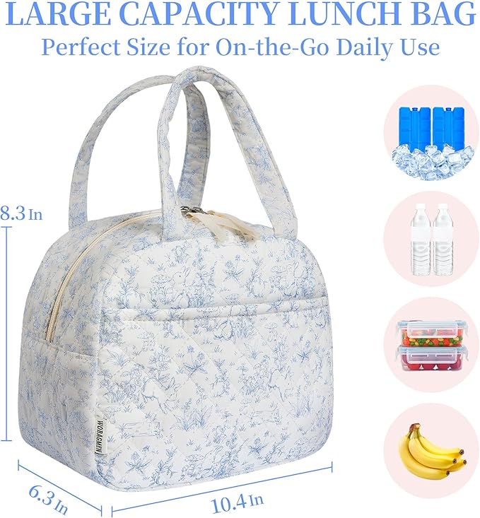 Quilted Lunch Box for Women,Insulated Cute Reusable Lunch Bag with Front Pocket,Pink Flower Stylish Lunch Tote Bag for Work, Office,Picnic, Travel,School (blue floral rabbit)