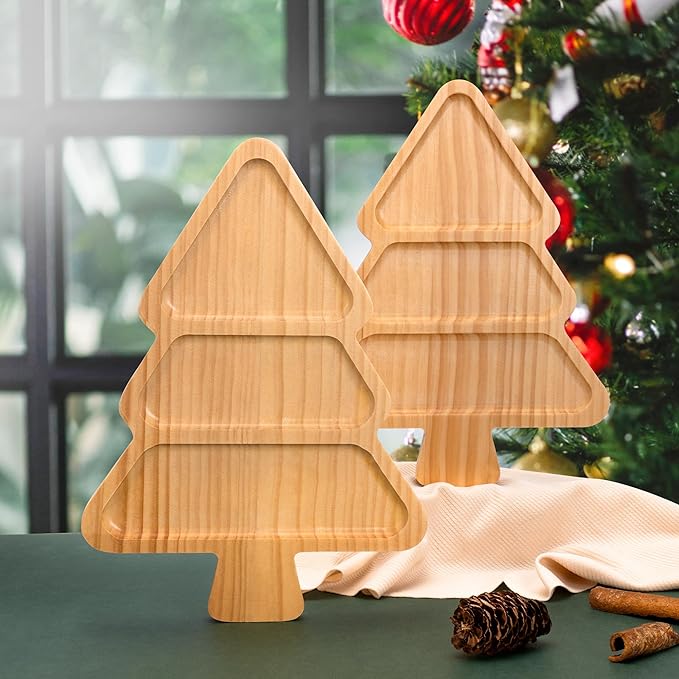Wooden Christmas Serving Tray, Divided Charcuterie Board with 3 Compartments, Table Decorations for Christmas Party