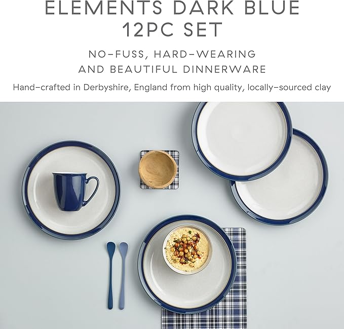Denby - Elements Dark Blue Dinner Set For 4-12 Piece Simple Ceramic Stoneware Tableware Set - Dishwasher Microwave Oven Safe - Scratch Chip Resistant