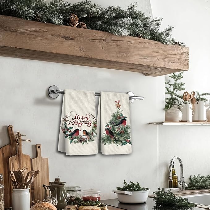 Christmas Kitchen Towels, Christmas Dish Towels Set of 2,Red Bird Christmas Tree Tea Towels for Kitchen,Christmas Hand Towels for Bathroom,Gifts for Women,Housewarming Gifts 16×24 Inches