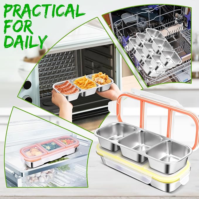 2 Pack Stainless Steel Snack Containers with Lids - Reusable 3 Compartment Snackle Box Container Divide Wet Dry Leakproof Metal Food Storage Containers for School, Home, Travel (Yellow + Orange)