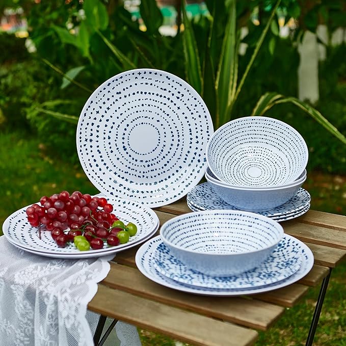Melamine Dinnerware Set of 12 Pcs Dinner Dishes Set Bowls and Plates for Indoor and Outdoor with Unbreakable Non-breakable Lightweight Dining Tableware