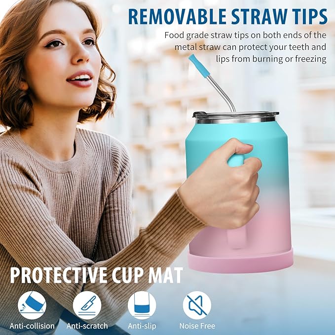 Insulated Coffee Mug 50 oz Tumbler with Handle - Metal Straws, Wide Mouth Leak-proof BPA-Free Stainless Steel Coffee Cup, Insulated Tumbler Big Travel Thermal Flask Water Bottles Keep Cold 36 Hrs