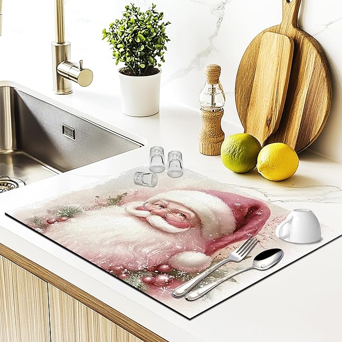 Pink Christmas Santa Dish Drying Mat, Winter Xmas Santa Absorbent Dish Drainer Reusable Washable Drying Mat Pad for Kitchen Counter, Pink Christmas Kitchen Decor, 12×15 Inch