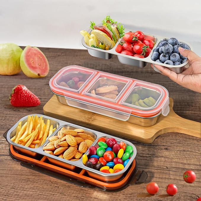 Stainless Steel Snack Containers with Lid, Leakproof 3 Compartment Bento Box, 2Pack Reusable Snackle Box for Travel Home Picnic Work