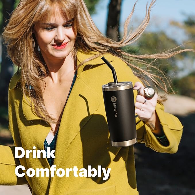 20 oz Insulated Tumbler with Handle Stainless Steel Travel Coffee Mug with Lid and Straw, Double Wall Tumbler Cups for Women and Men, BPA Free (Black)