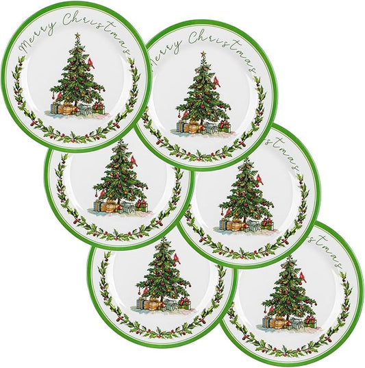 6 Pcs Christmas Dinner Plates Xmas Tree Melamine Dinnerware Green Plates Xmas Wreath Dishes Holiday Tableware for Dessert Salad Appetizer Birthday Party(Christmas Tree,10 Inches)