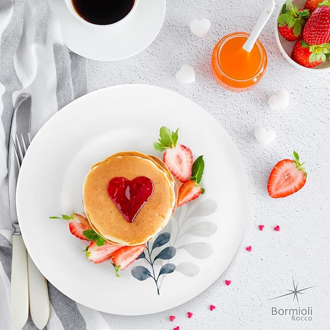 Bormioli Rocco White Moon Botanica Blue, Set Of 6, 7.75" Dessert Plates, Tempered Opal Glass Dishes, Dishwasher & Microwave Safe, Made In Spain.