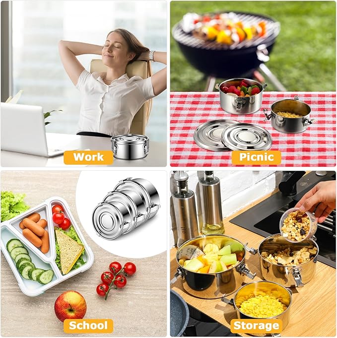 Zopeal 6 Pcs Stainless Steel Food Storage Containers with Lid Bento Lunch Boxes Reusable Metal Flat Canisters for Camping Trips Picnic Snacks Soups Salads Leftovers, 3 Sizes (12oz, 22oz, 34oz)