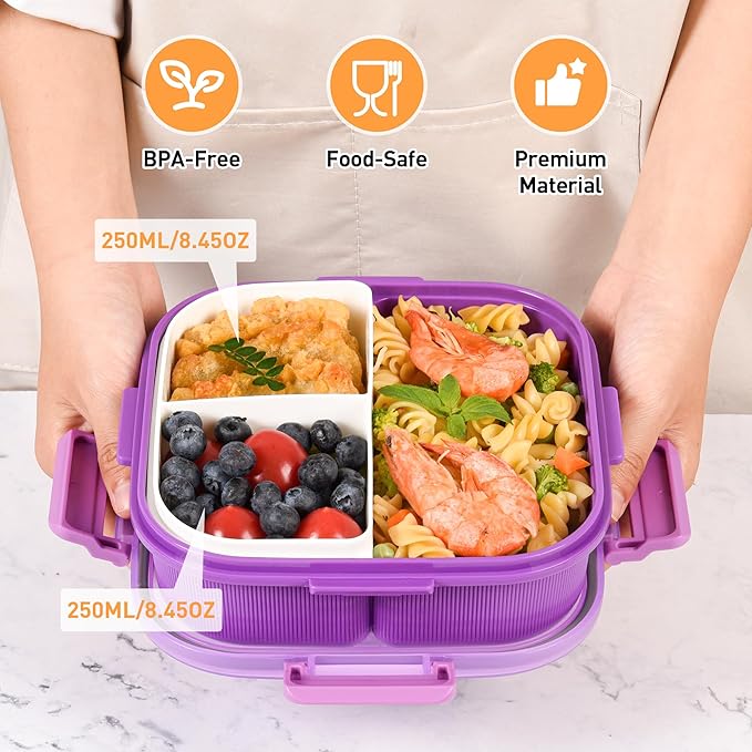 Bento Lunch Box for Kids & Adults, Purple Kids Lunch Box with Removable Compartments, Water Cup & Utensils, BPA-Free, Leak-Proof, Microwave/Dishwasher Safe