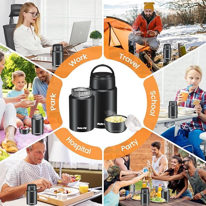 2 Pack Soup Thermo for Hot Food for Adults, Insulated Food Jar, Stainless Steel Vacuum Thermal Lunch Box Containers with Carry Bag and Spoon (18.5oz, 27oz) (Black)