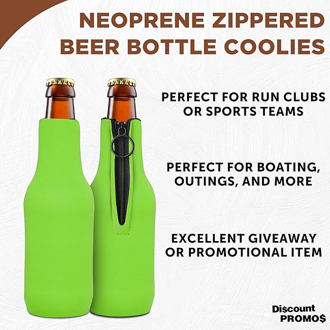 10 Neoprene Zippered Beer Bottle Coolies Pack - Sharkskin Rubber Bottom - Lime Green