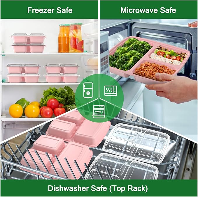 50 Pack (100-Piece) 32 oz Meal Prep Containers Reusable with Lids 3-Compartment, To Go Take Out Plastic Food Storage Containers, Sturdy Leakproof Food Safe, Microwave Freezer Dishwasher Safe, Pink