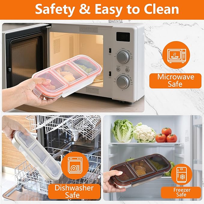 Stainless Steel Snack Containers with Lid, Leakproof 3 Compartment Bento Box, 2Pack Reusable Snackle Box for Travel Home Picnic Work