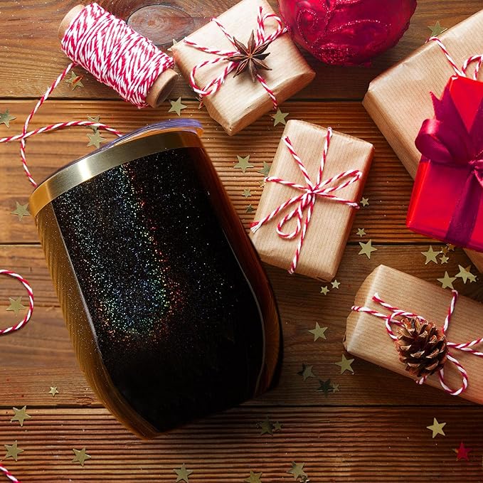 MEWAY 12oz/8 Pack Wine Tumbler Glasses with Lid - Stemless Double Wall Vacuum Stainless Steel Glitter Tumbler - Keeping Cold & Hot Cup for Coffee,Gift for Women(Rainbow Black,Set of 8)