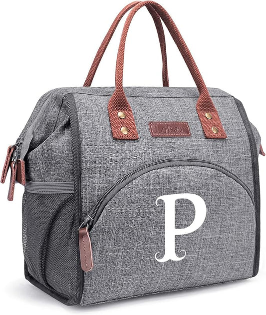 Personalized Lunch Box for Women, Initial Reusable Insulated Lunch Bag, Wide-Open Adult Lunchbox Cooler Lunchbag Snack Organizer, Initial Leakproof Lunch Tote Bag for Picnic Work Outdoors Grey - P