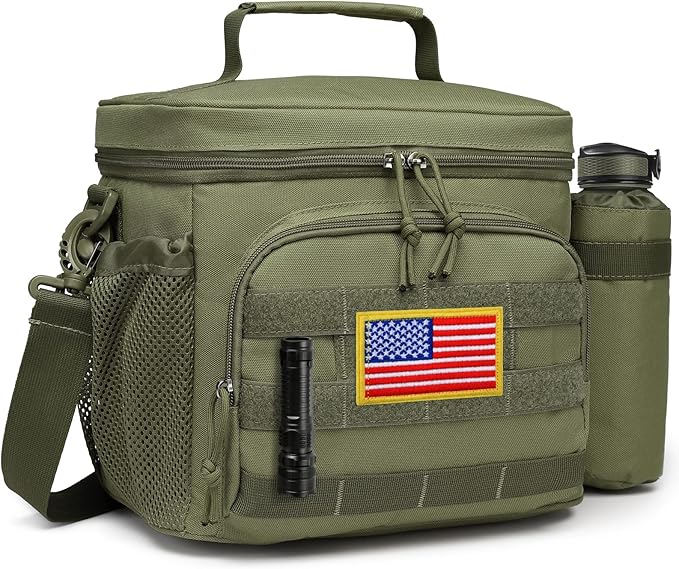 TACTICISM Tactical Lunch Box for Men, 12L MOLLE Lunch Bag Adult, Up to 8 Hours Insulated Lunchbox, Large Durable Leakproof Cooler with Detachable Water Bottle Pouch, for Work Camping Fishing, Green