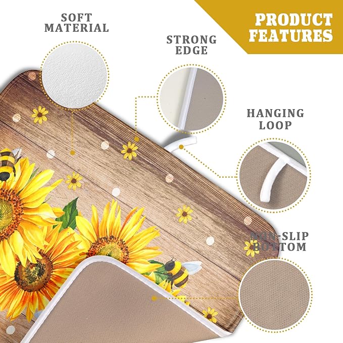 Sunflower Bee Dish Drying Mat for Kitchen Counter Home 16x18 Inch Wood Barn Microfiber Drainer Rack Mats Washable Absorbent Dish Dry Pad