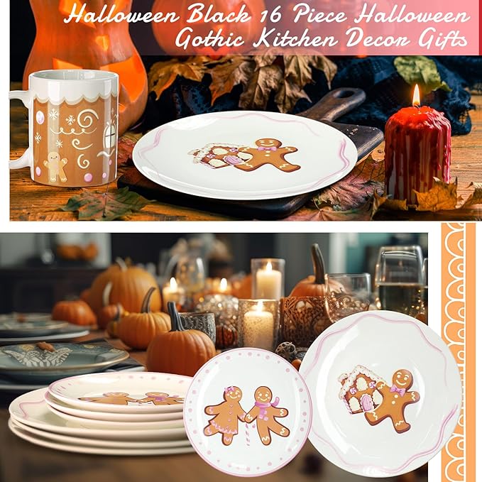 16 Pcs Pink Gingerbread Man Christmas Dishes Dinnerware Set for 4 Guest Holiday Dinner Plate Ceramic Pastel Christmas Salad Plate Gingerbread House Bowl Mug Xmas Gift Holiday Party Kitchen Decoration