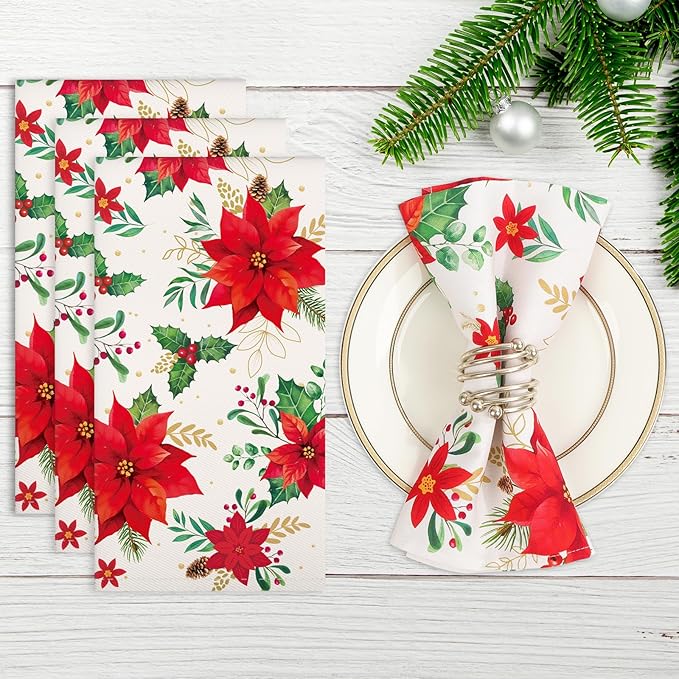 Christmas Red Flower Napkins, 18×18 Inch Dinner Cloth Napkins Set of 4, Washable Cotton Soft Absorbent Square Napkins for Dining Kitchen Party Wedding Decoration