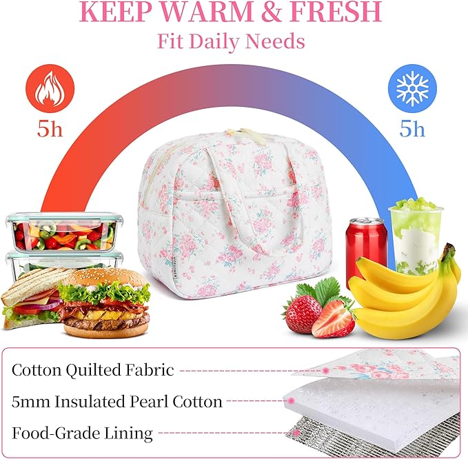 Quilted Lunch Box for Women,Insulated Cute Reusable Lunch Bag with Front Pocket,Pink Flower Stylish Lunch Tote Bag for Work, Office,Picnic, Travel,School (pink big floral)
