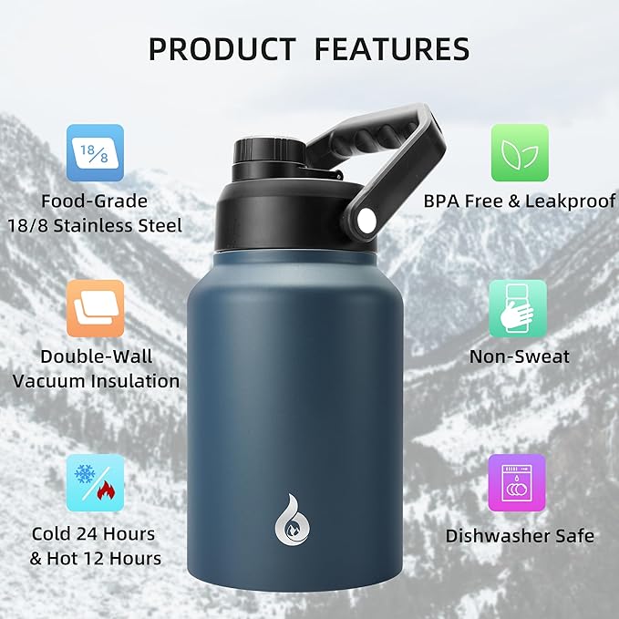 BJPKPK 64 oz Insulated Water Bottle, Dishwasher Safe Half Gallon Water Bottle with Ergonomic Handle, BPA Free Leak Proof Water Jug for Sports, Metal Thermo with Anti-slip Bottom, Navy Blue